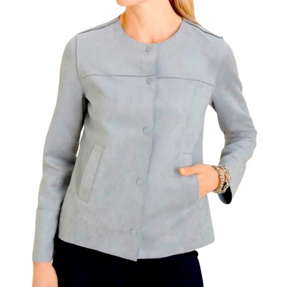 Chicos Womens Faux Suede Scuba Jacket Size 12/14 Light Blue Snap Front‎